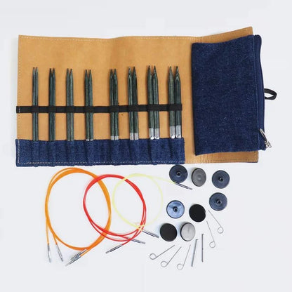 KnitPro Indigo Wood – udskifteligt pindesæt i denim-etui
