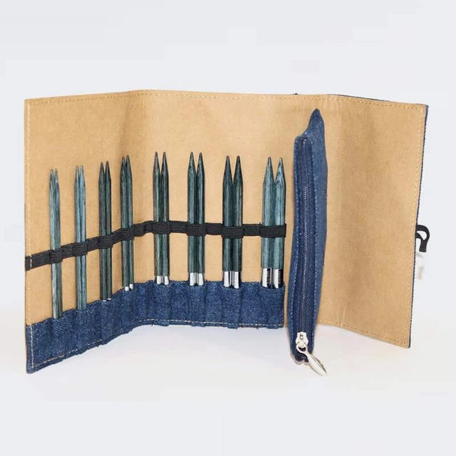 KnitPro Indigo Wood – udskifteligt pindesæt i denim-etui