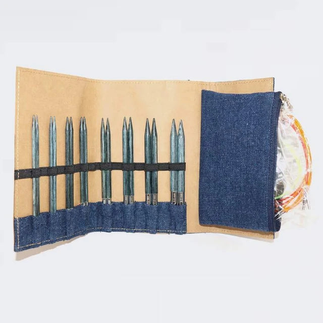 KnitPro Indigo Wood – udskifteligt pindesæt i denim-etui