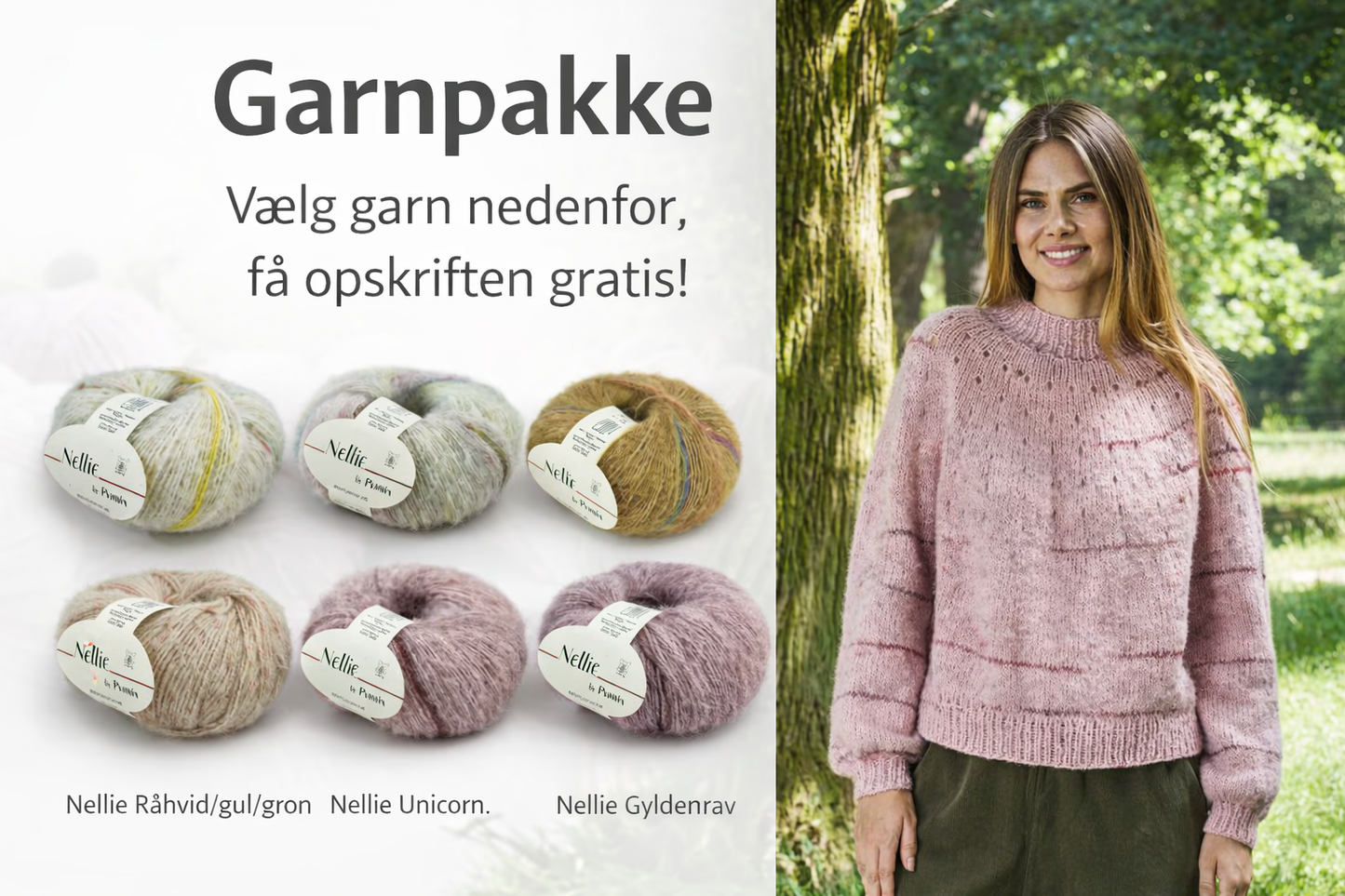 Komplet garnpakke til Nellie Sweater med rundt bærestykke inkl. opskrift